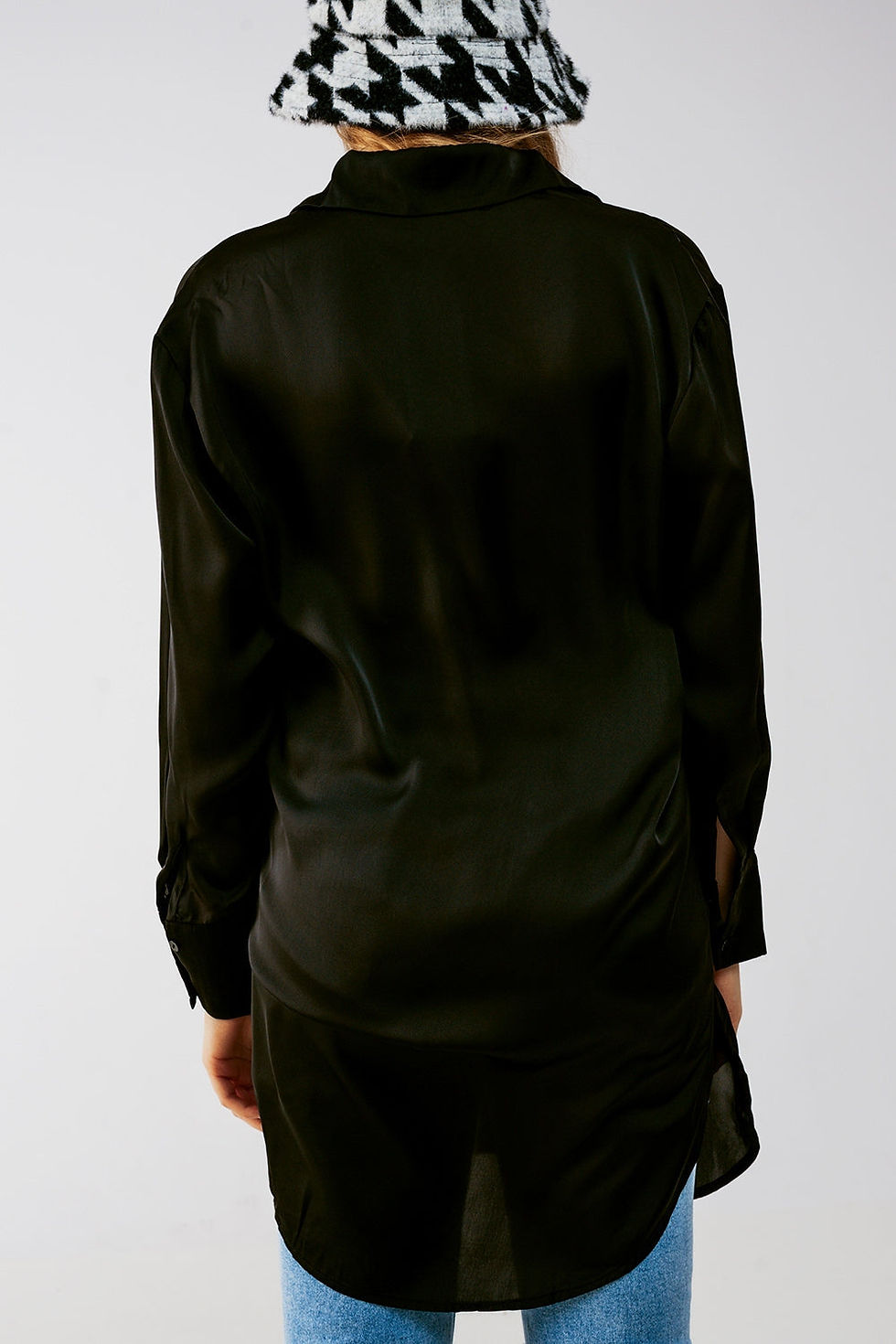 Thumbnail: Long Sleeve Satin Button Front Shirt - Black, Relaxed Fit