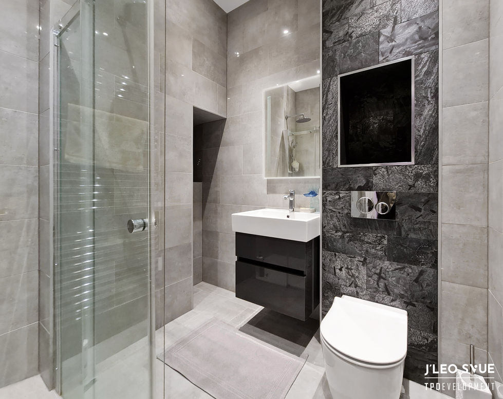 Chic Serenity in Cool Grey Tones with Textured Luxury Bathroom Design
