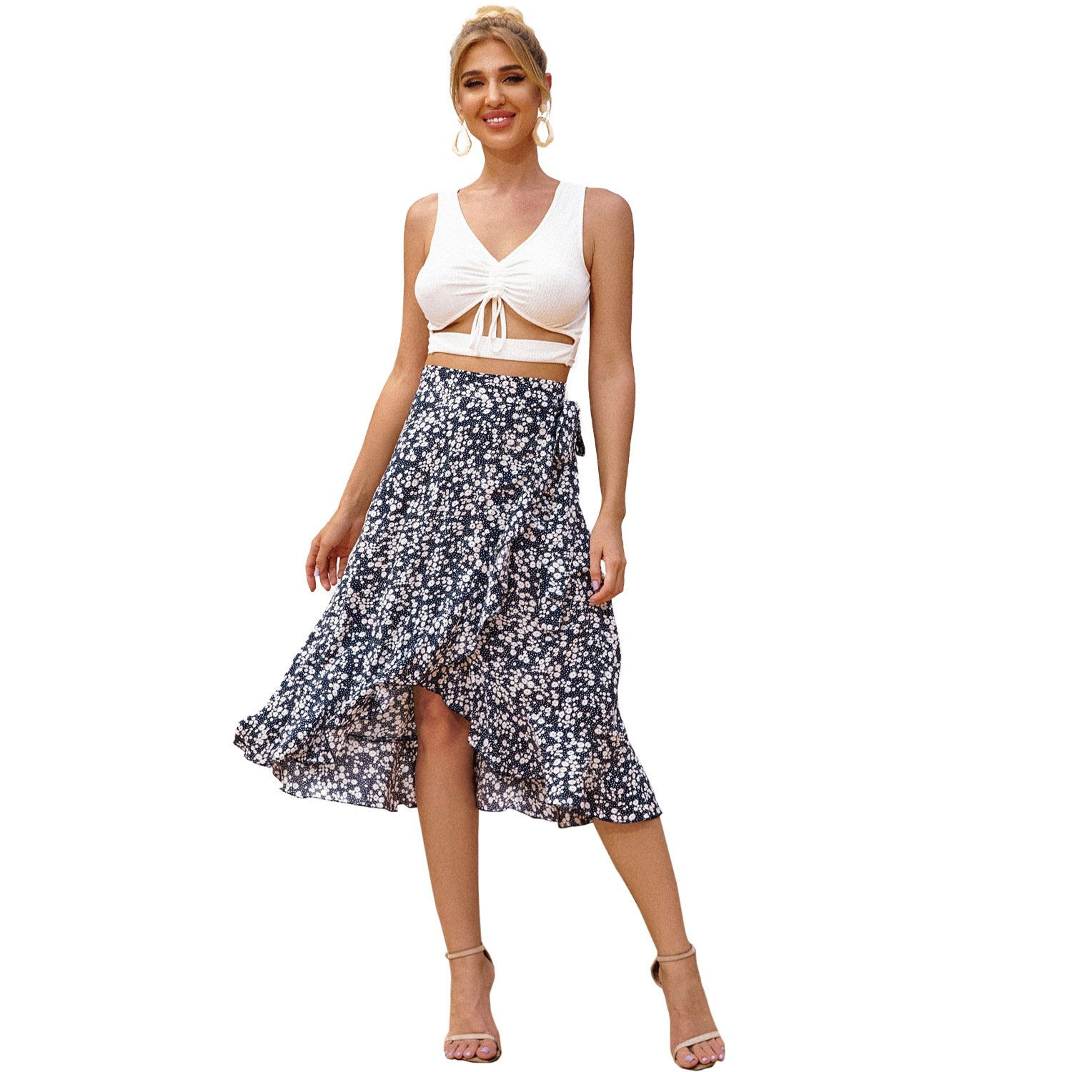 Retro Floral Wave Lace-Up Skirt for Holidays