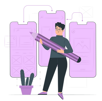 Illustration of a designer sketching a mobile app UI with a pencil, representing the UI/UX design and prototyping process.