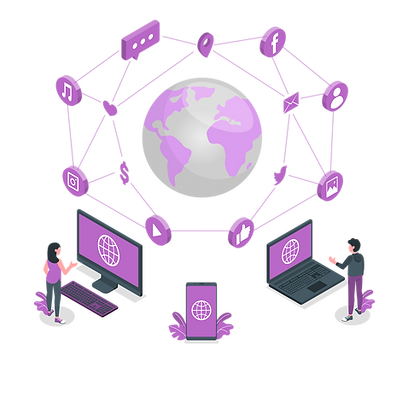 Illustration of a global digital network with interconnected social media and communication icons, featuring two users interacting with computers, representing UI/UX design and prototyping.