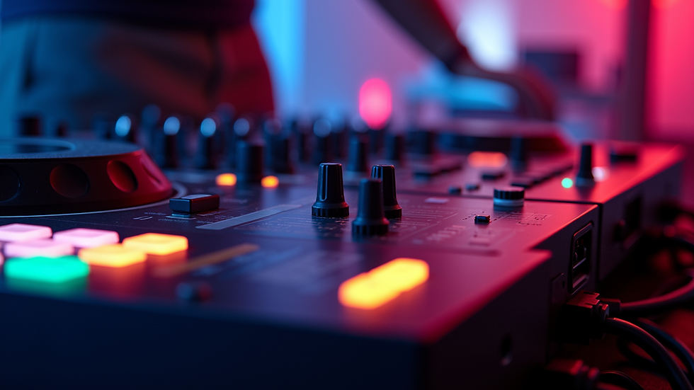 Close-up view of DJ mixing console with colorful lights