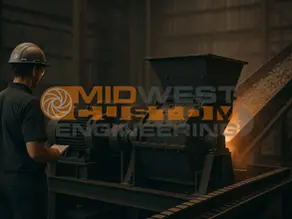 Plant technician inspecting an industrial hammer mill on a factory floor as processed material moves along a conveyor.