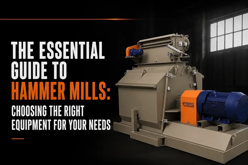 Poster of a hammer mill machine beside text: The Essential Guide to Hammer Mills, choosing the right equipment.