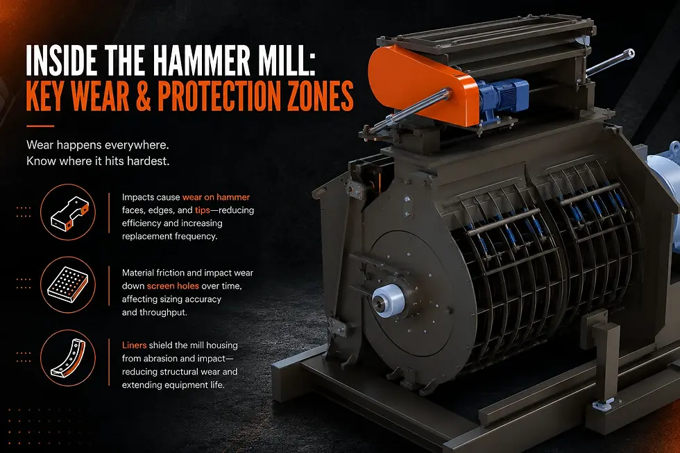 Infographic of a hammer mill with orange title text, showing wear zones on hammer faces, screen holes, and liners against a dark background
