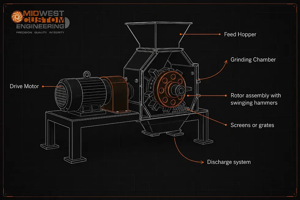 Annotated technical diagram of a hammer mill on a dark grid, labeling feed hopper, drive motor, grinding chamber, rotor, screens, and discharge system