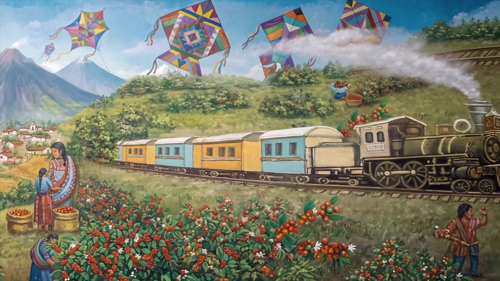 Tren de vapor entre barriletes y cafetales, una de las transiciones animadas en 3D del mural de la SIB.