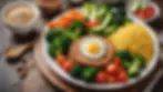 Eye-level view of a balanced meal comprising lean protein, vegetables, and whole grains