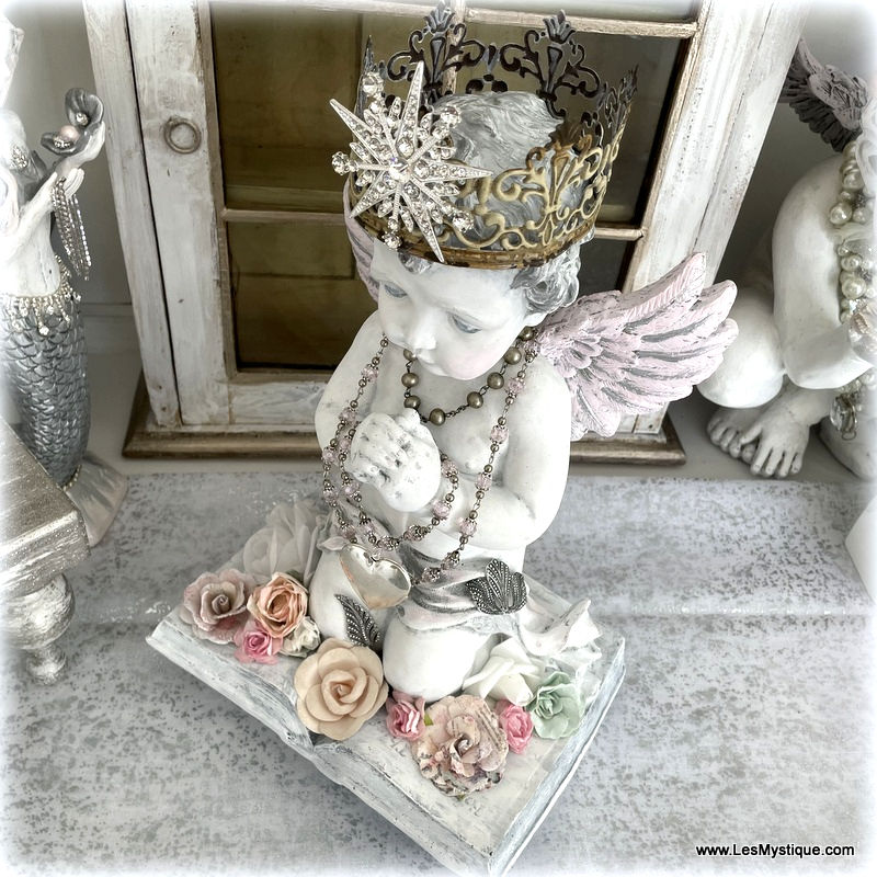 Thumbnail: Jeweled Shabby French Cherub Statue with Rusty Rhinestone Crown, Locket, Roses