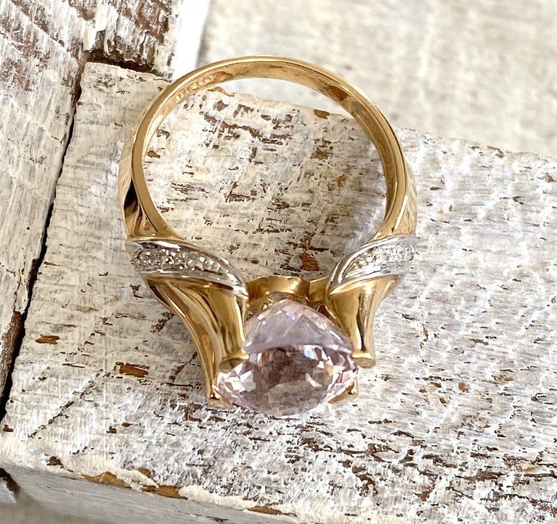 Thumbnail: Natural Vintage 14K Light Pink Kunzite Ring Diamond accents Signed John Rinker