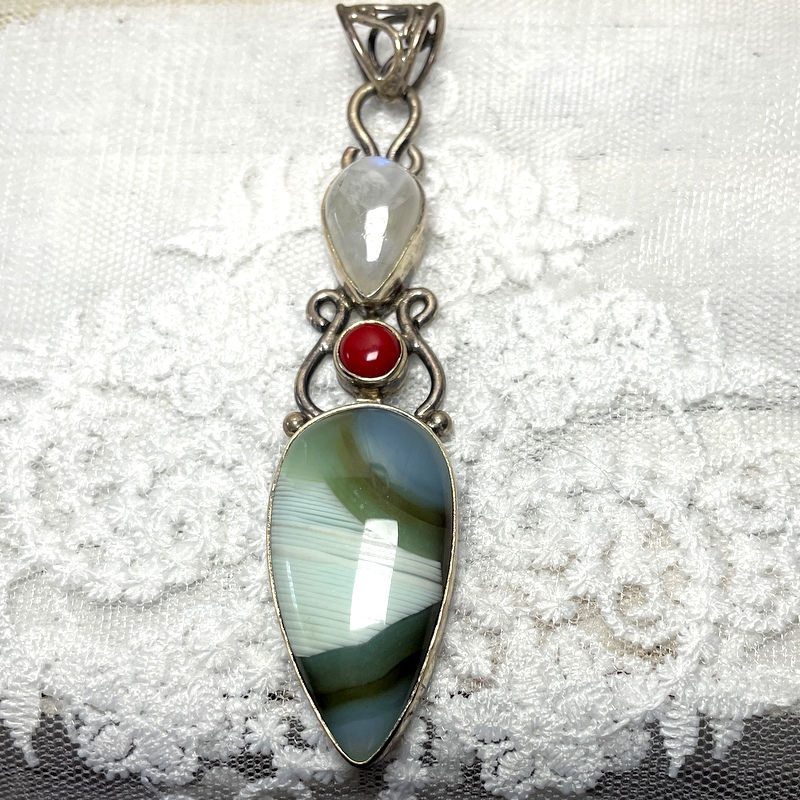 Thumbnail: Vintage Sterling Silver Moonstone and Agate Pendant, Silver Jewelry