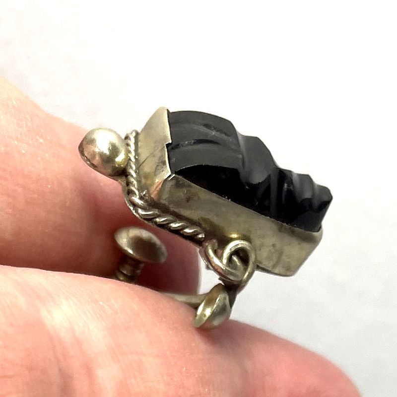 Thumbnail: Vintage Sterling Onyx Carved Face Bracelet and Earrings, Antique Aztec Jewelry