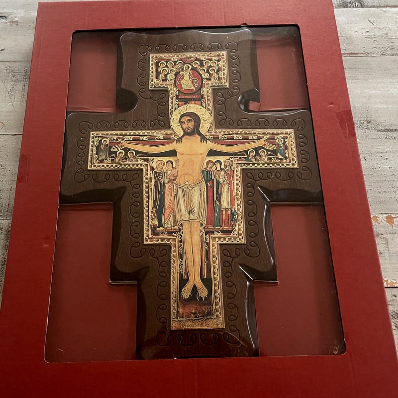 Thumbnail: Vintage San Damiano Crucifix, Carved Wood, Jesus Christ, Wooden Wall Cross