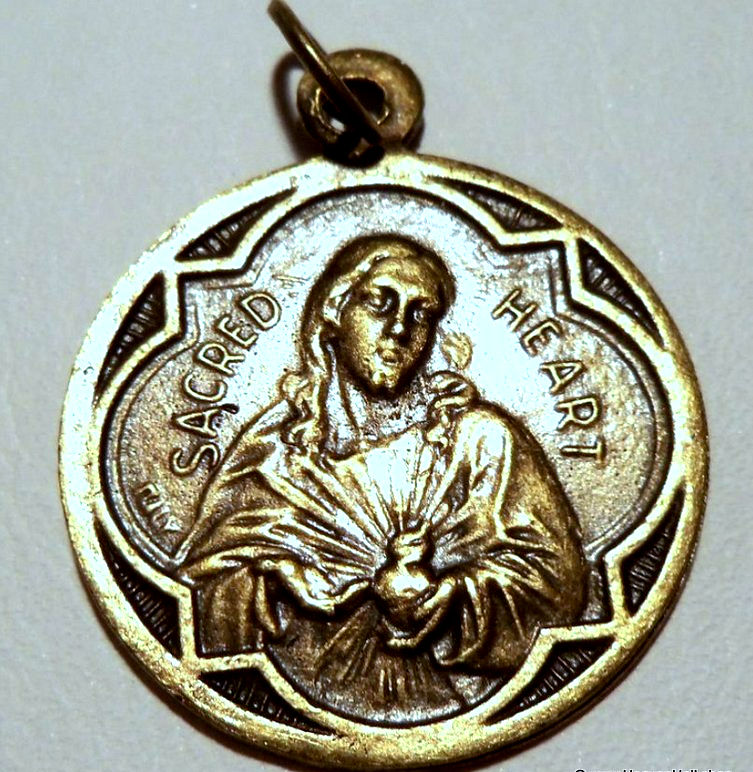 Thumbnail: Vintage Brass Holy Medal Scapular Sacred Heart Virgin Mary, Religious Jewelry