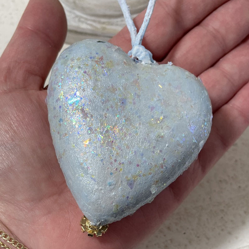 Thumbnail: Frosted Light Blue Christmas Ornament Rhinestone Madonna and Child Holiday Decor