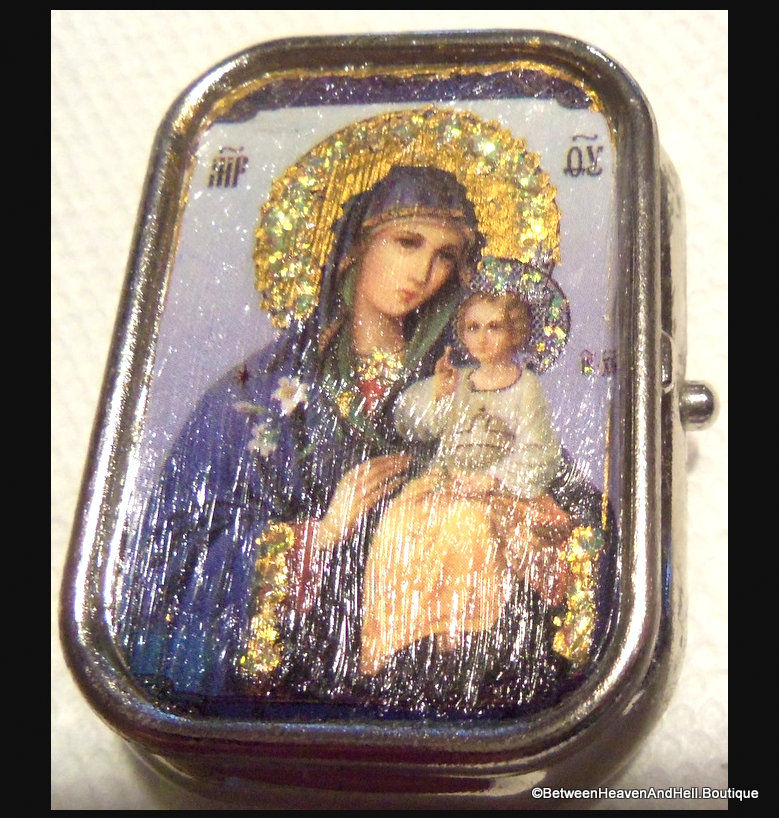 Thumbnail: Silver Madonna and Child Jesus Rosary Box, Virgin Mary Pill Box, Gold Halo