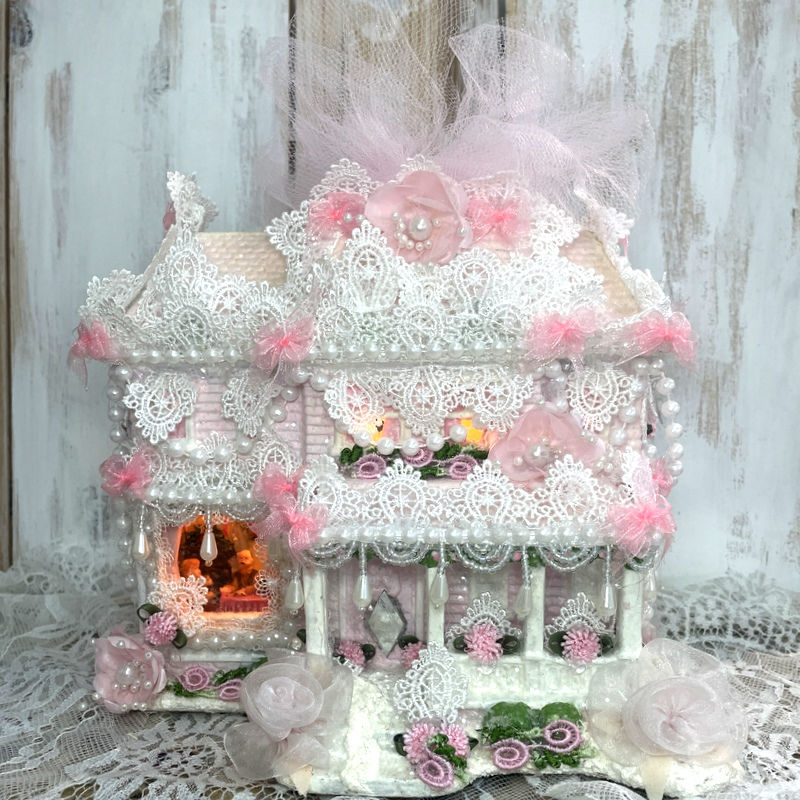 Thumbnail: Shabby Pink Glitter House, Light Up Cottage, Victorian Christmas Decor