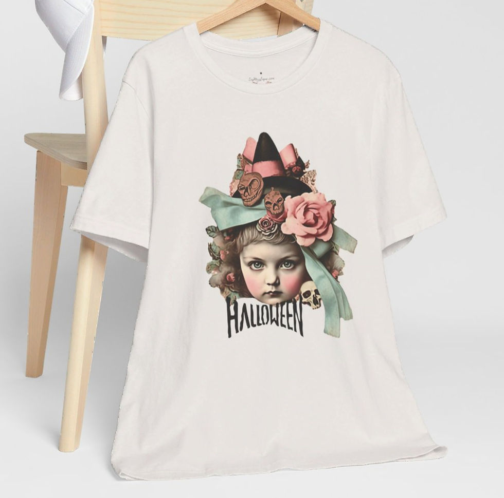 Thumbnail: Halloween T-Shirt Creepy Girl Witch Pink Roses Art Tee Trendy Apparel