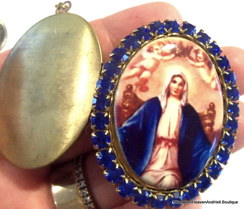 Thumbnail: Vintage Blue Rhinestone Virgin Mary Locket, Porcelain Cameo, Religious Jewelry