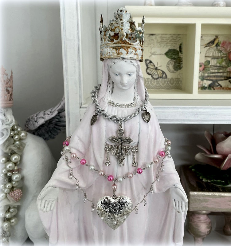 Thumbnail: Vintage Crowned Virgin Mary Statue, Shabby Pink Rhinestone, Our Lady of Grace