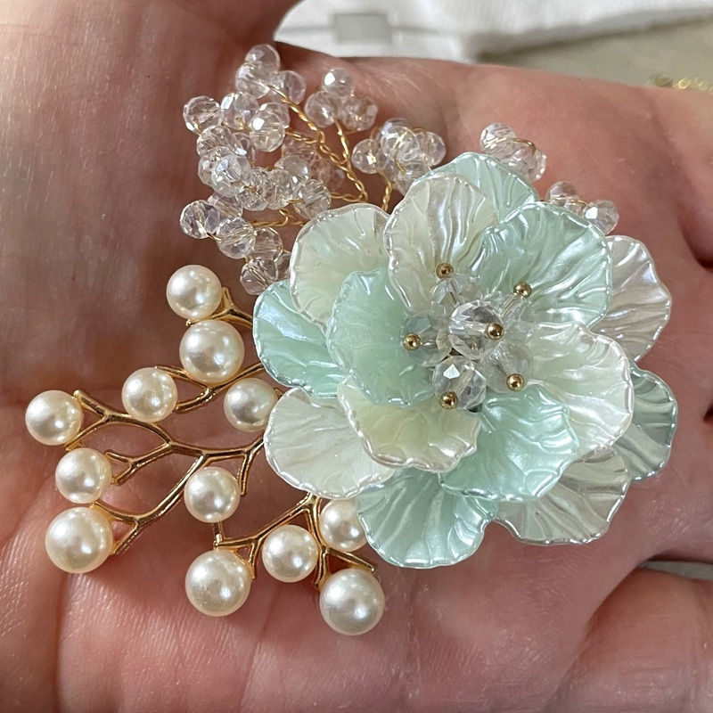 Thumbnail: Handcrafted Jewelry Large Beaded Floral Brooch Aqua Blue