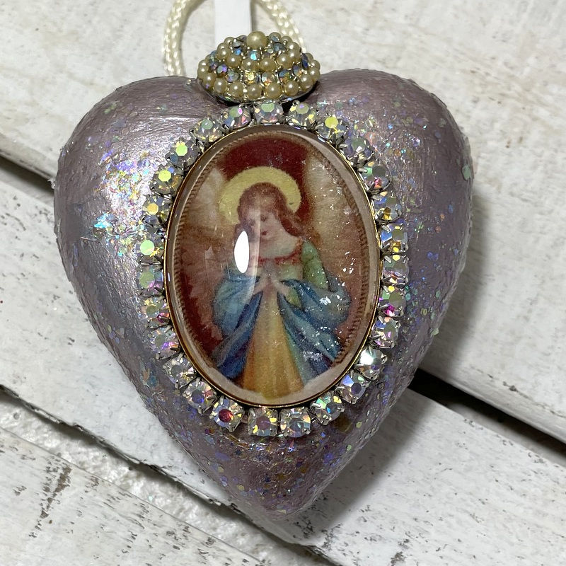 Thumbnail: Vintage Lavender Angel Glitter Ornament Rhinestone Cameo Christmas Decor