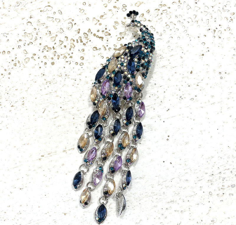 Thumbnail: 5" Glam Rhinestone Peacock Pendant or Brooch, Colorful Vintage Statement Jewelry