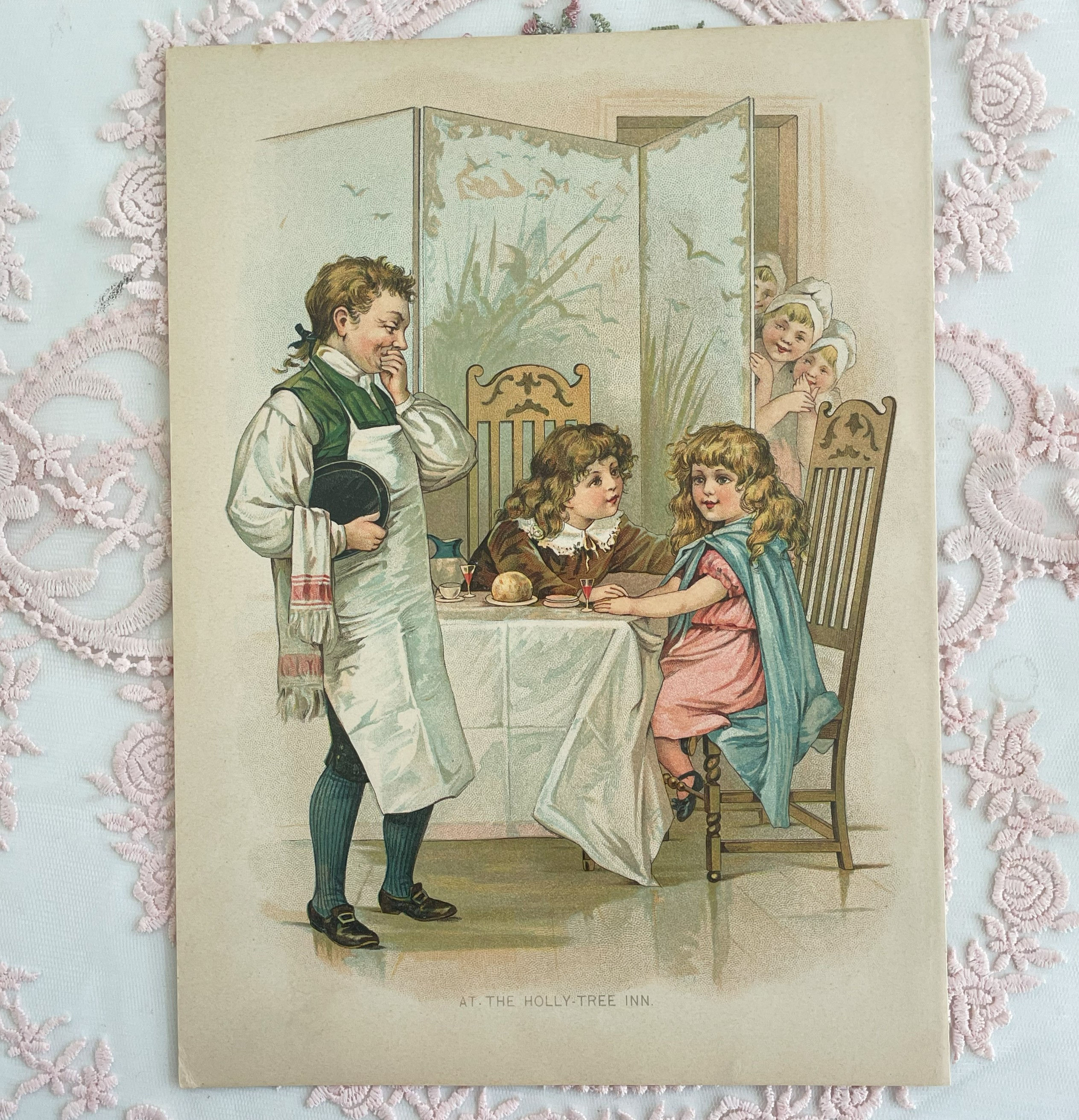 Antique 1800's Art Print, Boy and Girl having Romantic Dinner