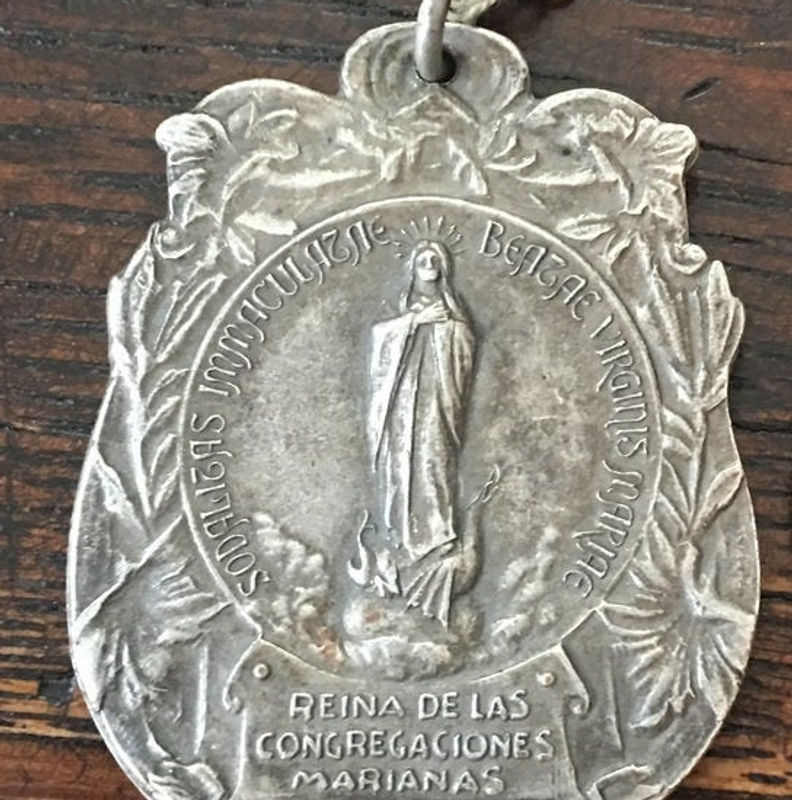 Thumbnail: Large Antique Art Nouveau Holy Medal, Virgin Mary Immaculate & Saints