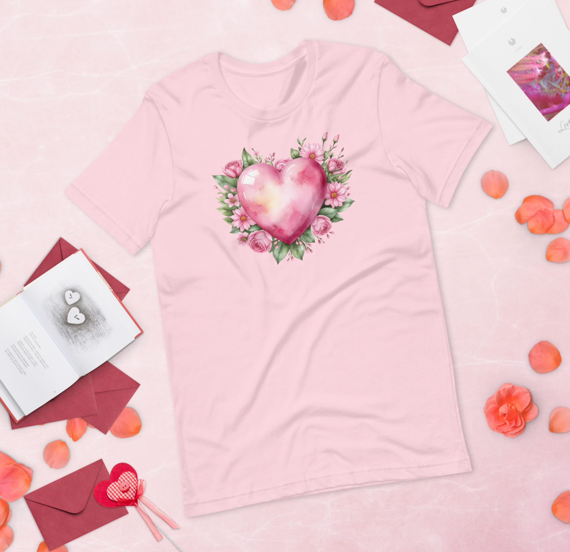 Shabby T-Shirt Hearts and pink Roses Soft Wearable Art Tee Artistic Gift