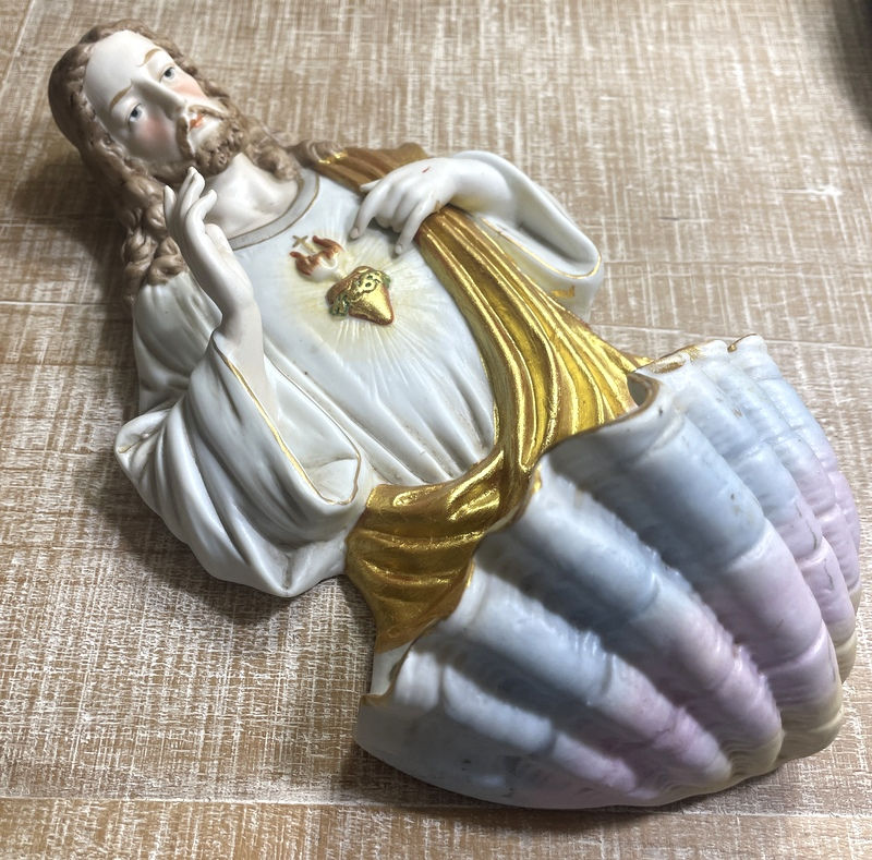Thumbnail: Vintage Catholic Statue Sacred Heart of Jesus Holy Water Font Wall Hanging Decor