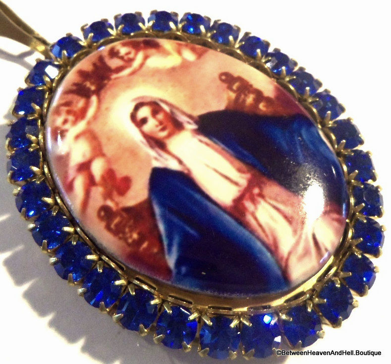 Thumbnail: Vintage Blue Rhinestone Virgin Mary Locket, Porcelain Cameo, Religious Jewelry