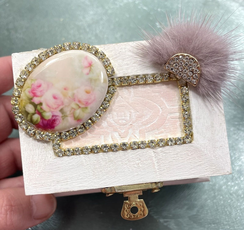 Thumbnail: Shabby Pink & White Rhinestone Jewelry Box Wooden Tabletop Decor Cottage Chic