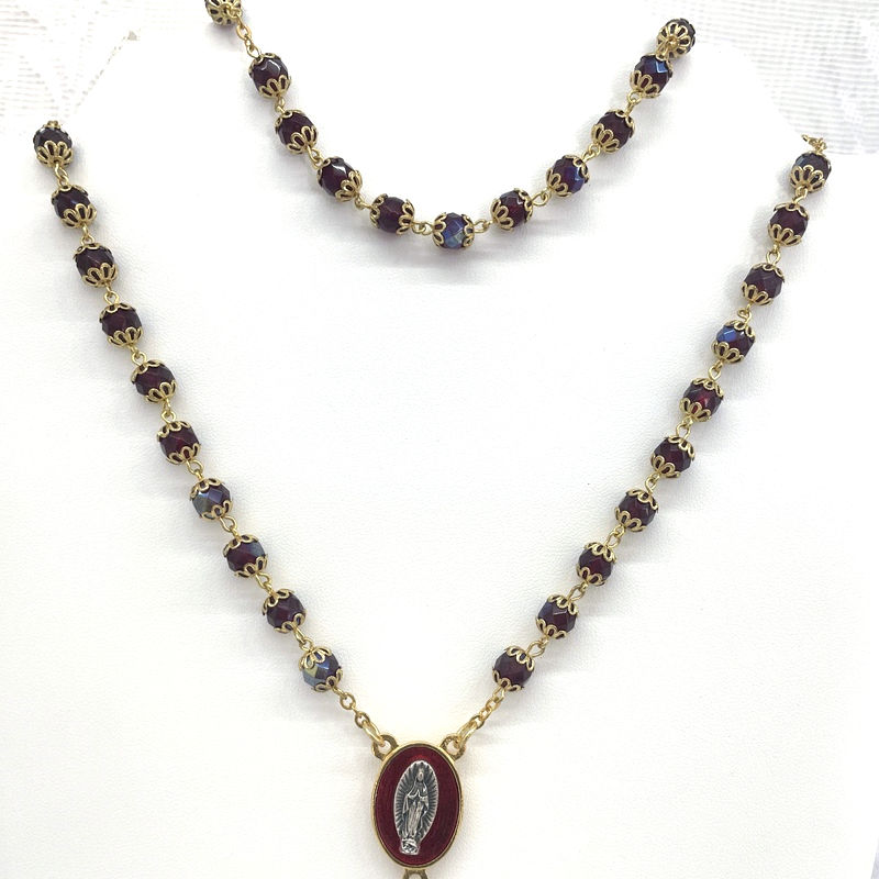 Thumbnail: Ruby Red Crystal Rosary Beads, Our Lady Of Guadalupe, Gold Crucifix Rosaries