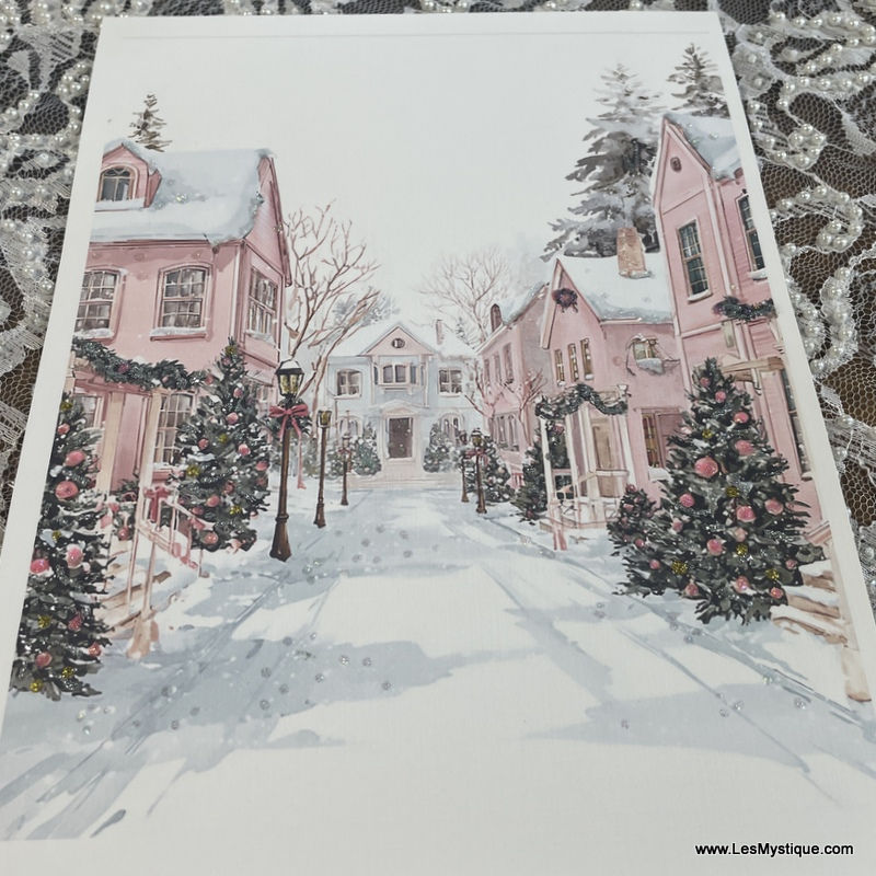 Thumbnail: Snowy Pink Christmas Village Print - Shabby Glitter Giclee, Cottage Chic Decor
