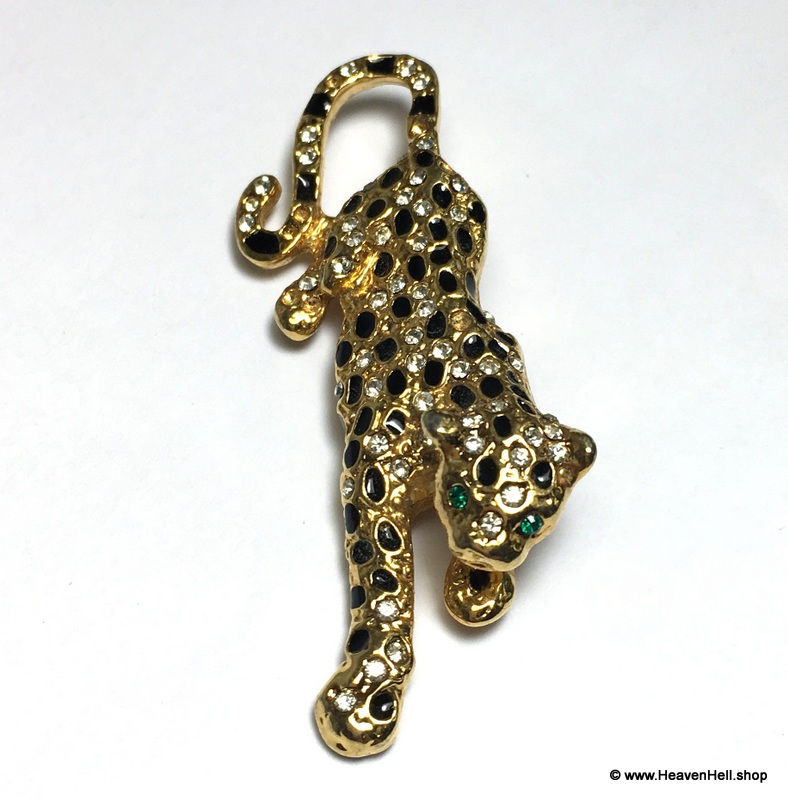 Thumbnail: Vintage Jewelry Rhinestone Jaguar Pin Black enamel Gold tone Costume Jewelry
