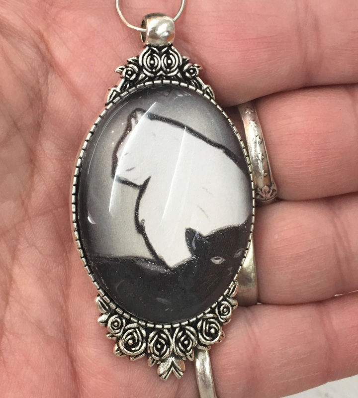 Thumbnail: Artistic Black and white Cats Pendant, Glitter Cameo Art Jewelry
