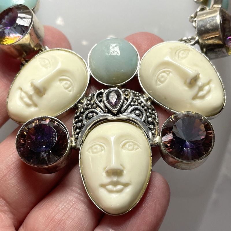 Thumbnail: Vintage Silver Triple Goddess Necklace, Carved, Blue Chalcedony, Mystic Topaz