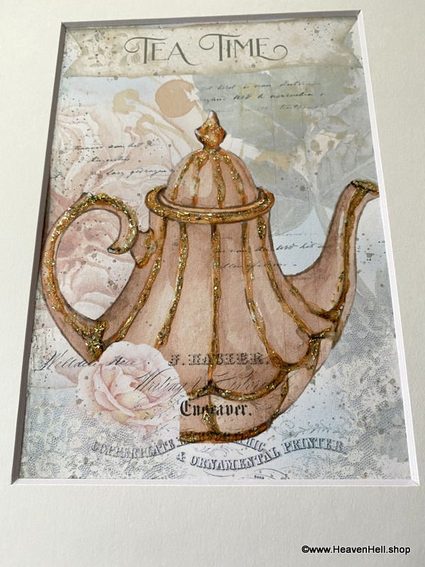 Thumbnail: 8x10 Shabby Kitchen Wall Art Tea Time Pink Teapot Pink Roses print, Glitter