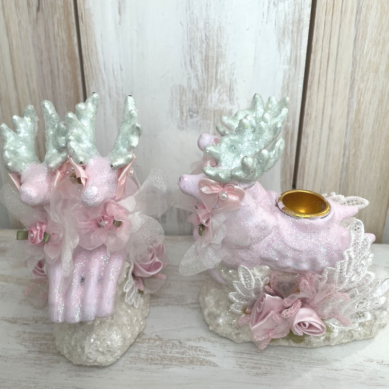 Thumbnail: Vintage Shabby Reindeer Candle Holders, Pink, Glitter, Victorian Christmas decor