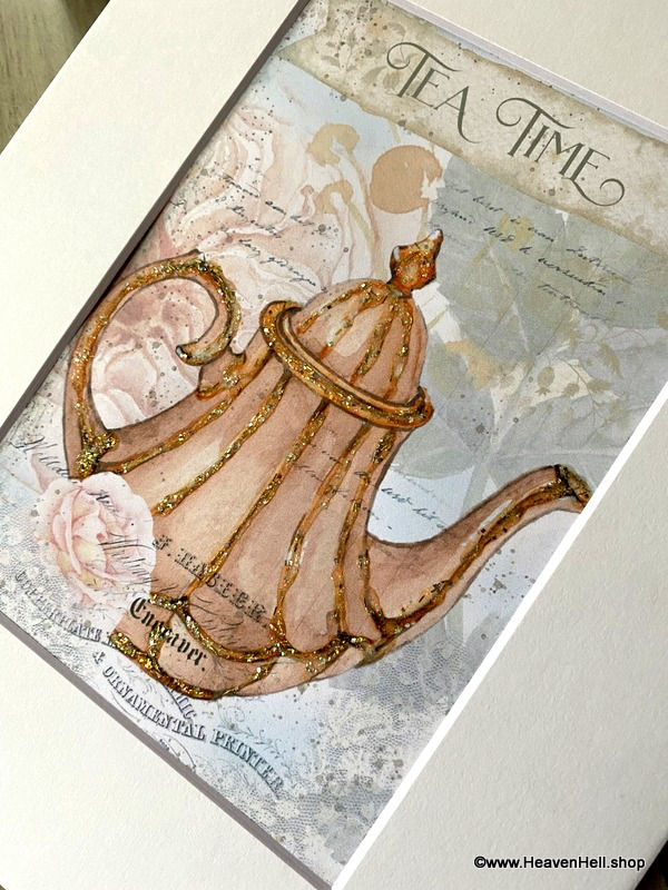 Thumbnail: 8x10 Shabby Kitchen Wall Art Tea Time Pink Teapot Pink Roses print, Glitter