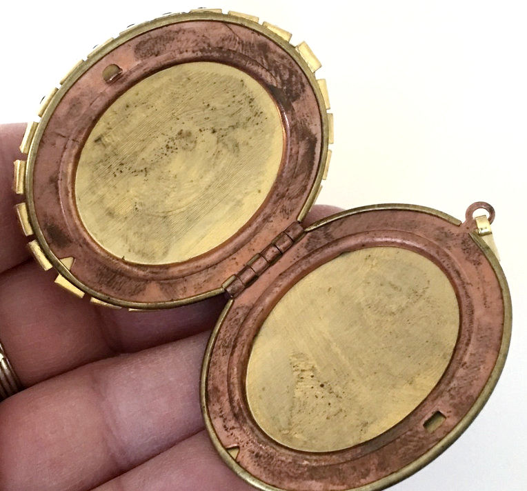 Thumbnail: Vintage Rhinestone Sacred Heart Locket, Scapular Prayer Cameo