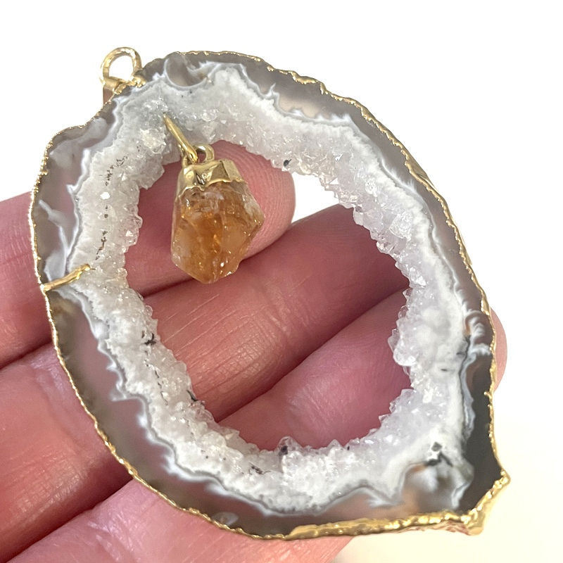 Thumbnail: Drusy Agate Slice with Natural Citrine Pendant, Abundance Jewelry, Gold Plated