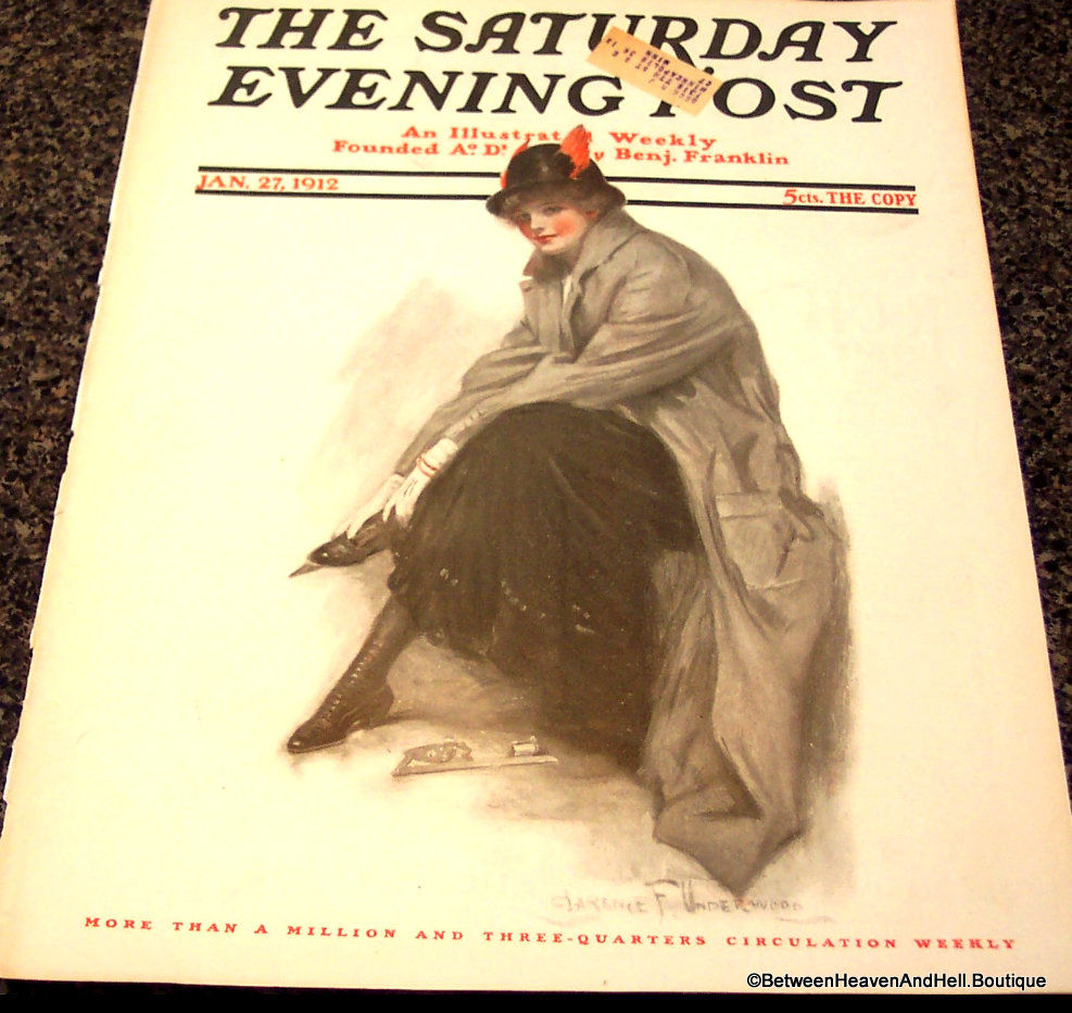 1912 Vintage Saturday Evening Post Magazine Cover Art, Ice Skating
