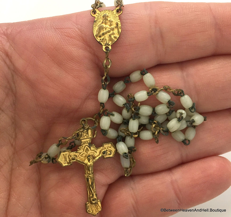 Thumbnail: 15" Antique Rosary Beads Gold Tone Glass Beads Vintage Czech Rosaries