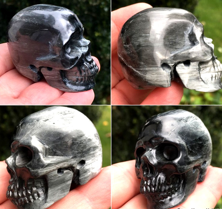 Thumbnail: Rare Hawk's Eye Crystal Skull, Green Tiger Eye Skull, Powerful Abundance Energy