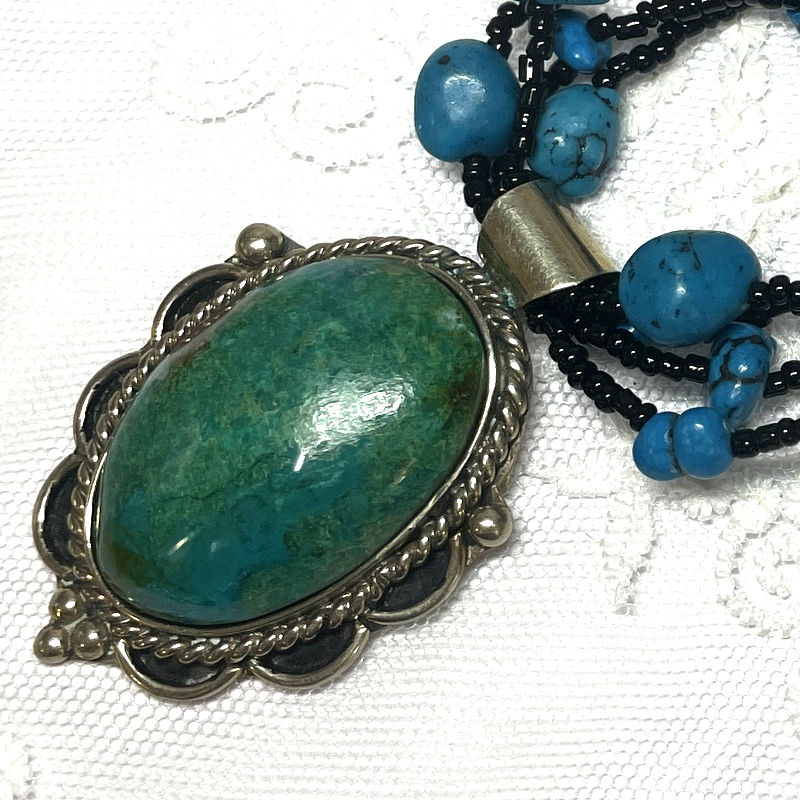 Thumbnail: Chrysocolla Drop Necklace, Howlite Beads, Vintage Gemstone Jewelry