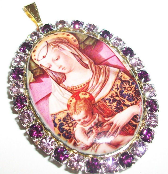 Thumbnail: Madonna and Child Locket, Pink and Purple Rhinestone Porcelain Cameo Jewelry