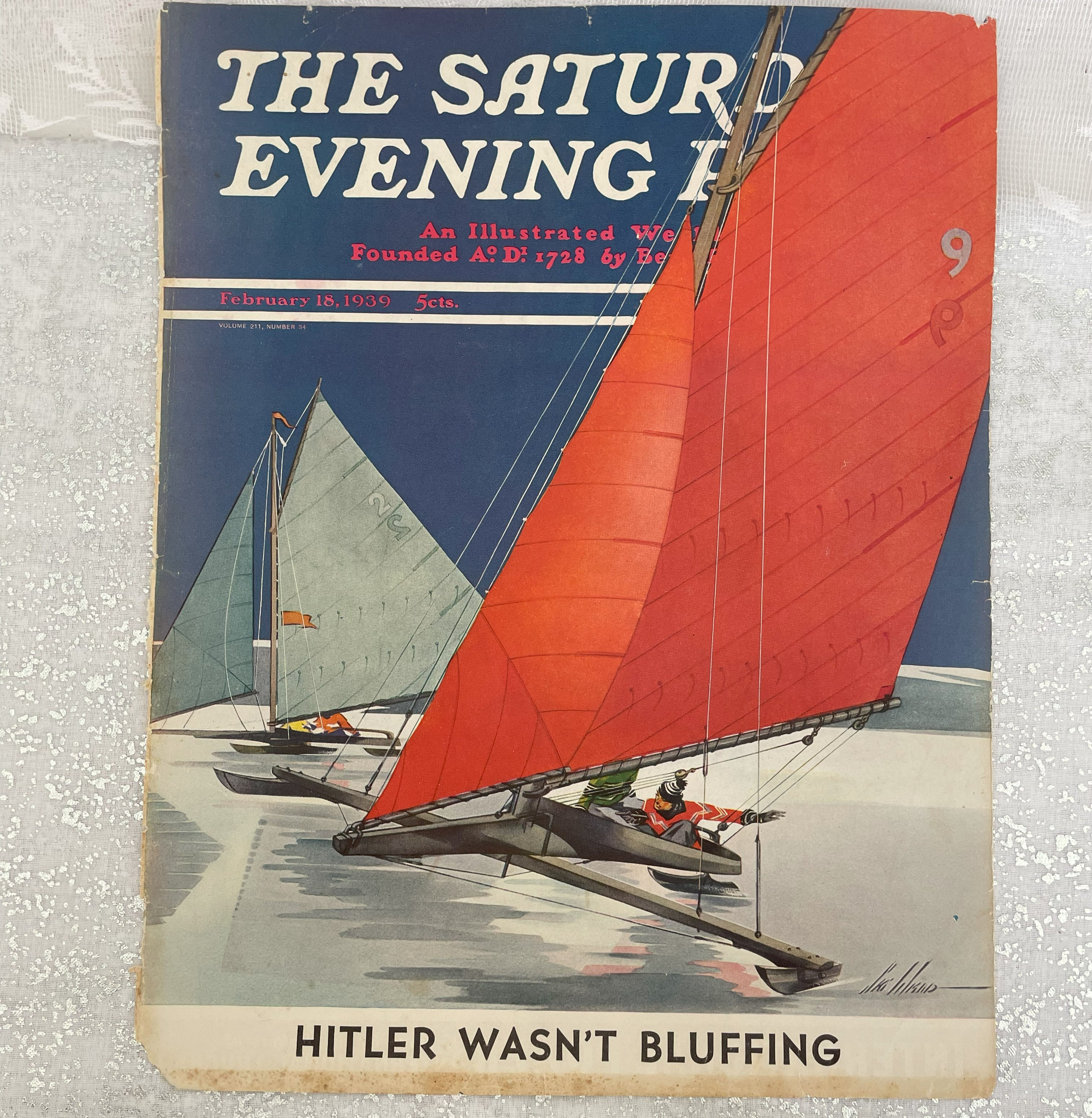 Vintage 1939 Ski Weld Print Magazine Cover Art, Winter Sailing, Boats