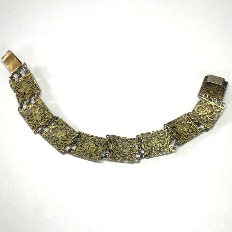 Thumbnail: Antique .800 Silver Filigree Flower Bracelet, Gold Wash Vintage Jewelry